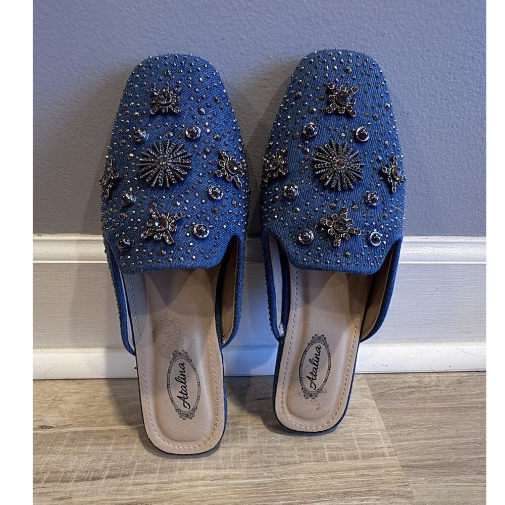 Atalina Blue Beaded Crystal Embellished Slip-On Square Toe Flats
